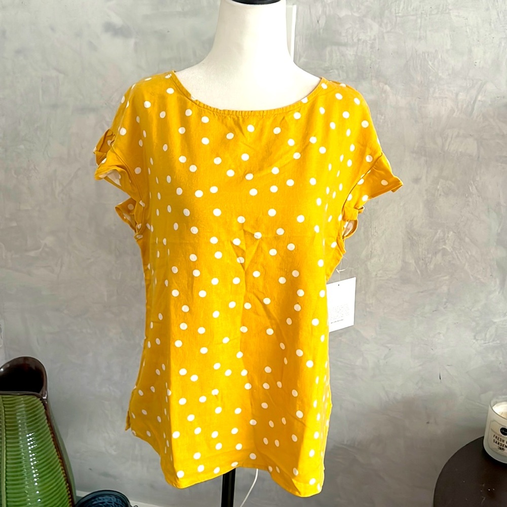 Ellen Tracy Women Yellow Polka dot Linen Blouse, size M, NWT